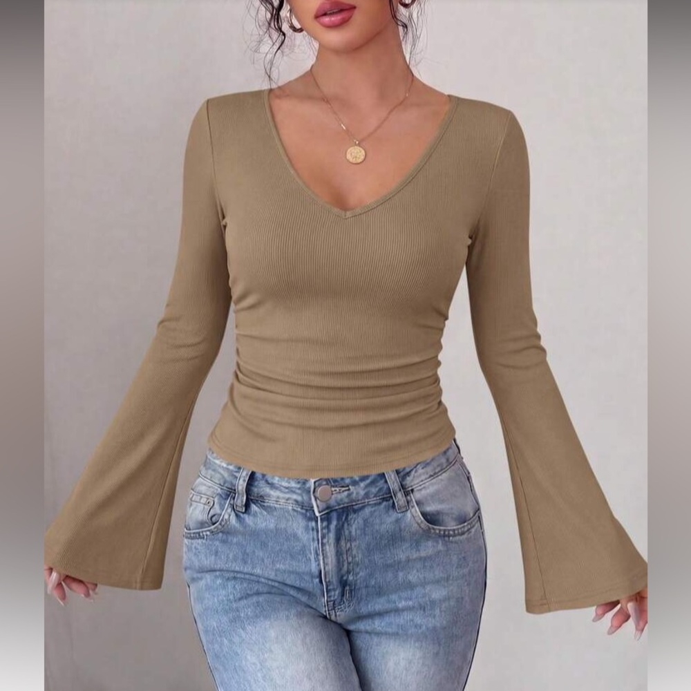 Women's Khaki V-Neck Bell Sleeve Top